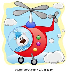 Polar Bear is flying in a helicopter 
