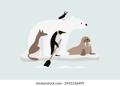 Eisbär und Freunde stehen auf Eisscholle Vektor-Illustration