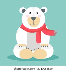 The polar bear is funny, in a hat and scarf. Vector illustration in a flat style. The concept of Christmas and New Year.