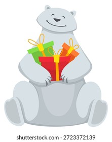 Eisbär mit Geschenkboxen. Neujahrsmaskottchen