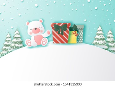 Polar bear and gift boxes on snowmountain, Merry christmas and happy new year,paper cut and craft style
