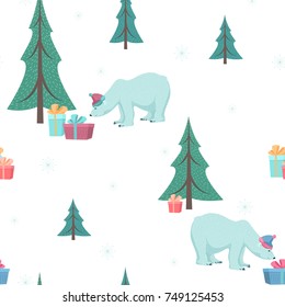 Polar bear with gift boxes under Christmas tree. White background with blue snowflakes. Vector design illustration. New Year time decoration seamless pattern for decoration, textile, fabric, wrapping.