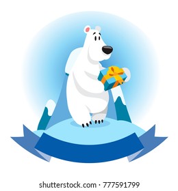 Polar bear with gift and ribbon banner. Vector illustration isolated on white background for logos, stickers and other items.