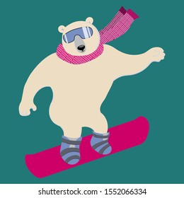 Polar bear glides on snow on the board. Сharming sporty and strong animal wears scarf and ski goggles, likes snowboarding.  Vector ilustration with character in flat style. Can be used as mascot