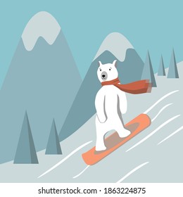 Polar bear glides on snow on the board against mountains. World snowboard day. Cute animal wears red scarf, snowboarding competitions. Vector ilustration with character in cartoon flat style. 