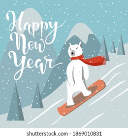 Polar bear glides on snow on the board against mountains. Cute animal wears red scarf, snowboarding competitions. Vector ilustration in cartoon flat style. Happy new year brush lettering.