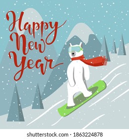 Polar bear glides on snowboard against mountains. Cute animal wears scarf and ski goggles, likes snowboarding. Vector ilustration with character in cartoon flat style. Happy new year brush lettering.