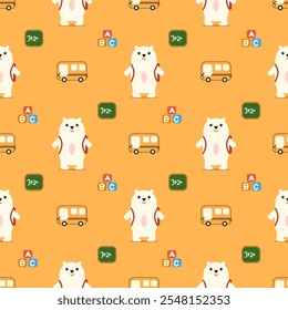 Polar bear go to school cartoon so cute. On bus blackboard yellow background. Pattern seamless vector illustration. 