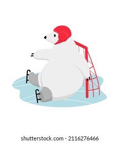 Polar bear goalie protects ice hockey goal from attack. Skating rink winter sport. Funny cartoon vector illustration.