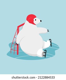 Polar Bear Goalie Protects Ice Hockey Goal From Attack. Skating Rink Winter Sport. Funny Cartoon Vector Illustration.