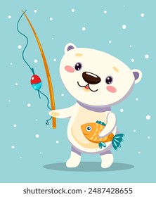 The polar bear goes fishing. Vector cartoon children's illustration