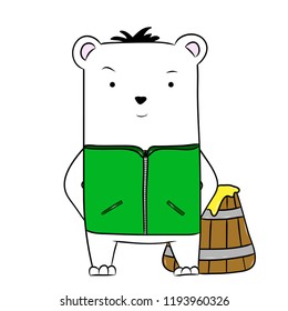 A polar bear in a green jacket stands next to a barrel of sweet honey. The picture is made in a vector.