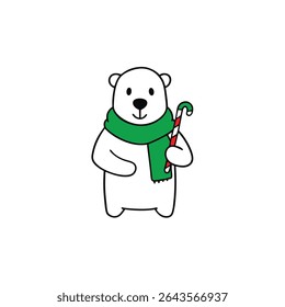 a polar bear in a green scarf holding a candy cane