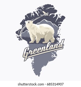 Polar bear, Greenland, airplane, lettering, illustration, vector