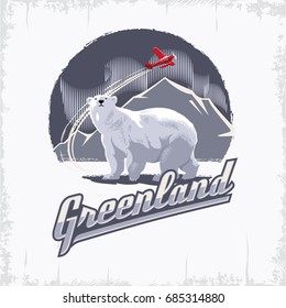 Polar bear, Greenland, iceberg, airplane, lettering, vintage, illustration, vector