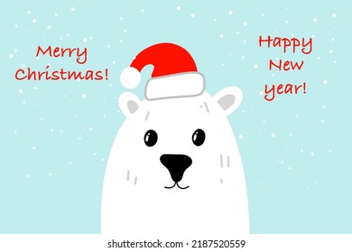 Polar bear. Greeting card with a polar bear in a Christmas hat. Snowflake background. Vector illustration. Christmas, Xmas, New year. Party decoration, promotion, greeting card.  