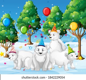 Polar bear group in party theme cartoon character on white background illustration