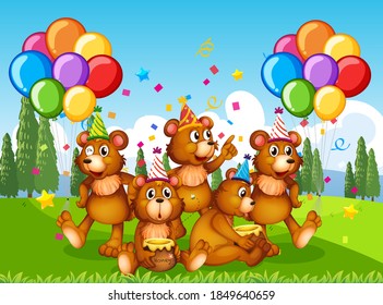 Polar bear group in party theme cartoon character on forest background illustration