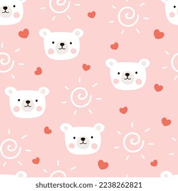 Polar bear hand drawn scandinavian pink sun and red hearts seamless pattern. Kids fabric and textile vector design.