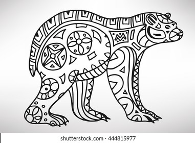 Polar bear. Hand-drawn with ethnic pattern. Coloring page - isolated on a white background. Zendoodle patterns. Vector illustration.
