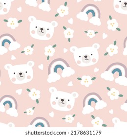 Polar bear happy face on a pastel pink background with rainbows, flowers and clouds. Kids sky pajama, wrapping paper, fabric and textile print