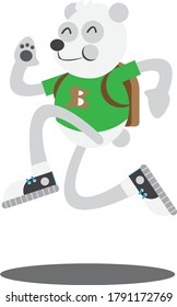 
a polar bear with a happy heart is running to head to school