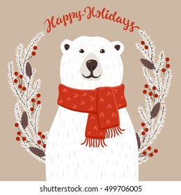 Polar Bear With Happy Holidays Inscription. Winter Greeting Card Of A Cute Hand Drawn Polar Bear With Calligraphy Phrases. Christmas Background With Smiling Cartoon Character. 