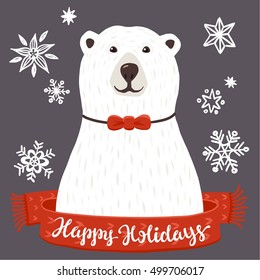 Polar Bear with Happy Holidays inscription. Winter greeting card of a cute hand drawn polar bear with calligraphy phrases. Christmas background with smiling cartoon character. 