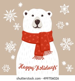 Polar Bear with Happy Holidays inscription. Winter greeting card of a cute hand drawn polar bear with calligraphy phrases. Christmas background with smiling cartoon character. 