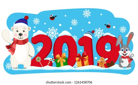 The polar bear and the hare stand next to the new year.
