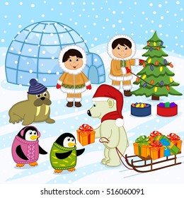 polar bear in the hat of Santa gives gifts - vector illustration, eps