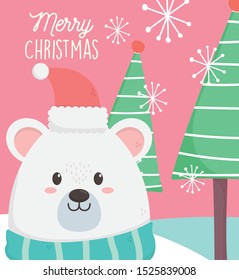 polar bear with hat scarf and trees snowflake merry christmas card vector illustration