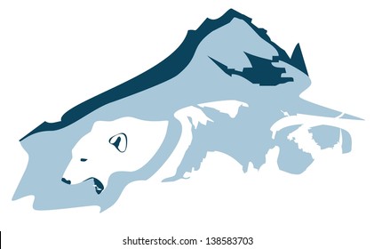 Polar bear head  with an open mouth and tops of mountains - an emblem