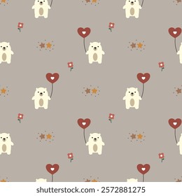 Polar bear and heart balloon cartoon so cute. On flower star background. Pattern seamless vector illustration. 