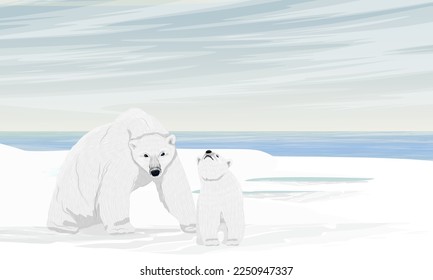 A polar bear and her cub are sitting on an icy ocean shore. Wild animals of the Arctic. Realistic vector landscape