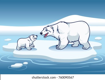 Polar bear and her cub standing in the top of the ice