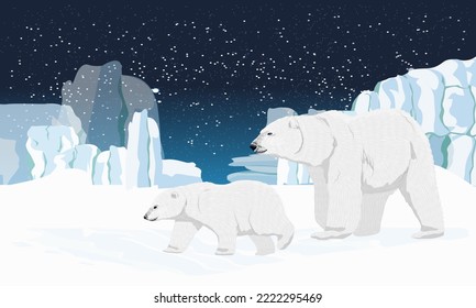 A polar bear and her cub are walking through the snow on a cold winter night. Wild animals of the Arctic and the North Pole. Realistic vector landscape