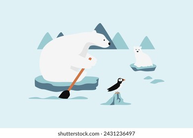 Polar Bear And His Baby Sitting On A Melting Ice In A Sea Vector Illustration