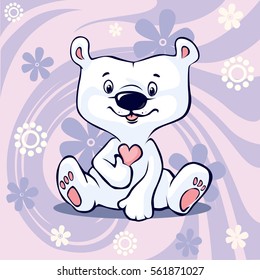Polar Bear hold hear sitting on abstract floral purple vector background - cartoon  illustration, valentines day

