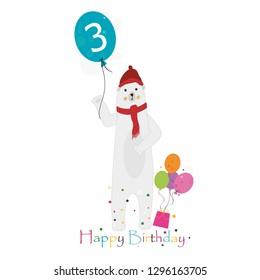 Polar bear holding balloon. Three. Third. Happy birthday greeting card