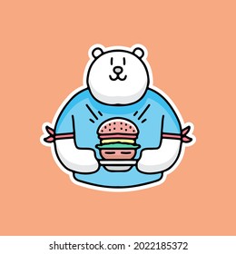 Polar bear holding burger cartoon, illustration for stickers and t shirt.