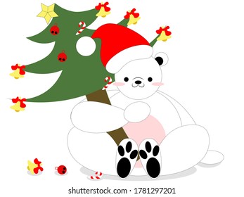 Polar bear is holding Christmas tree. celebrate Christmas.
