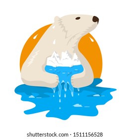 A polar bear holds a glacier in its paws, which is melting. Ecological disaster-melting of Arctic glaciers. Vector image.