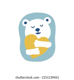 Polar bear hugging a heart, flat vector symbol design