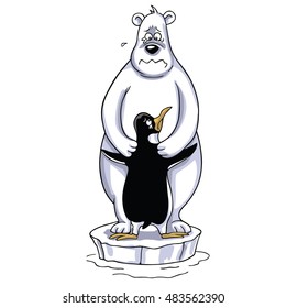 Polar Bear Hugging Penguin, Global Warming Effect Sad Polar Scene Cartoon Vector Illustration