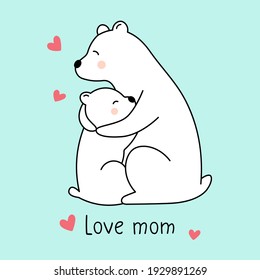 El oso polar abraza al oso bebé. Ama a mamá. Tarjeta de saludo del Día de la Madre. Ilustración vectorial. Aislado en blanco. Bien por camisetas, postales.