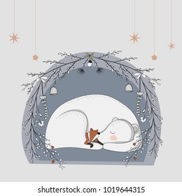 The Polar Bear Hugs A Little Fox In The Den And They Are Asleep. Starry Sky Over The Snow.