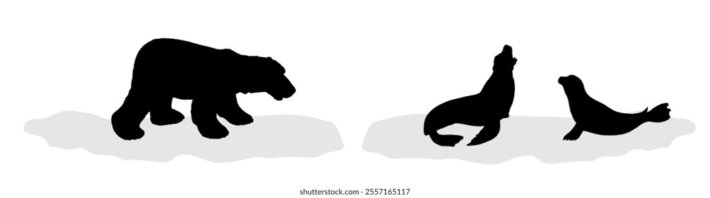 Polar bear hunting seal couple on iceberg silhouette. Sea lion on block of ice vector silhouette illustration isolated on white background. Polar animals family in danger. Cold winter environment.