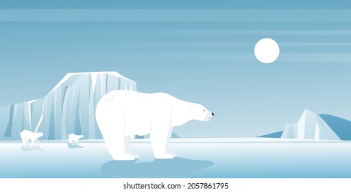 Polar bear in ice arctic or antarctic landscape, north winter scene vector illustration. Cartoon cute frost icy scenery with white polar bears and glacier, wild animals in cold climate background