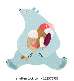 Polar Bear and Ice Cream. White bear holds ice cream. Vector illustration EPS8.